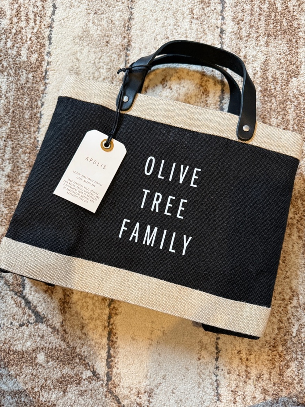 Apolis OLIVE TREE FAMILY Black & Natural Petite Market Tote Bag